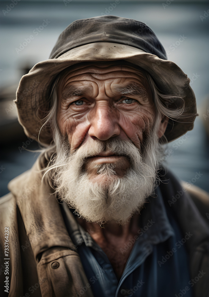 portrait of an elderly man with a beard, fisherman in old clothes, wrinkles, lighthouse keeper, expressive eyes, look, grandfather in a hat, seashore, portrait of an elderly man with a beard, fisherman in old clothes, wrinkles, lighthouse keeper, expressive eyes, look, grandfather in a hat, seashore,