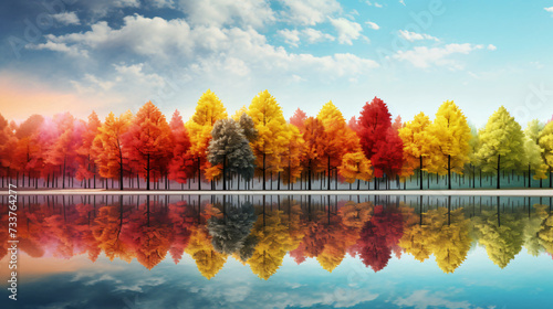long panorama on row of colorful trees