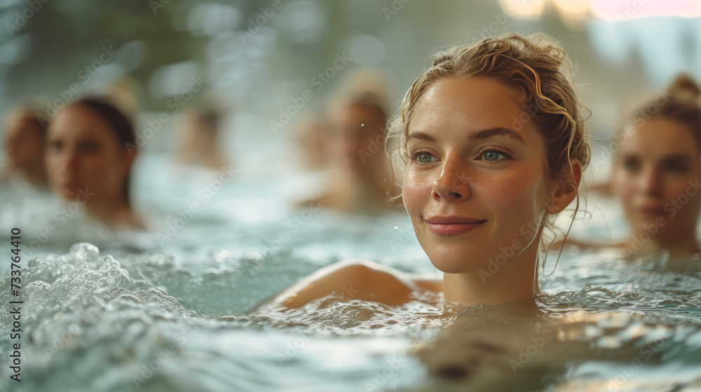 Beautiful young woman doing gymnastics in the gym pool, enjoying her time in a body of water. A tranquil gathering or retreat concept.