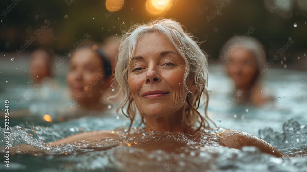 Obraz premium A beautiful mid-aged woman doing gymnastics in the gym pool. Active aging through aquatic gymnastics.