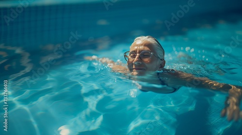 Smiling pleased active senior woman enjoying swimming in the pool. Active aging and wellness through swimming.