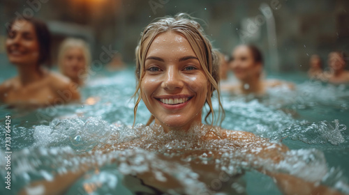 Smiling young woman and her friends doing gymnastics in the gym pool  enjoying their time in a body of water. A tranquil gathering or retreat concept.