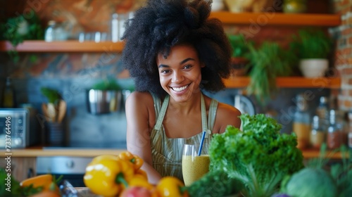 Young smiling Afro-American woman prepares a smoothie in a modern kitchen. Healthy lifestyles  wellness routines  cooking at home  and cultural diversity concept.