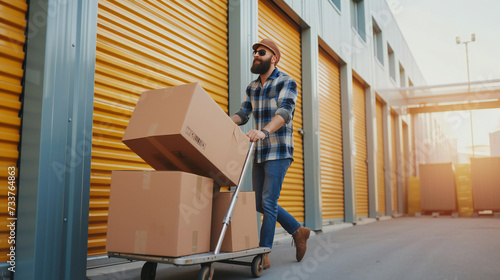 Handsome bearded man loading cart with cardboard boxes into self storage unit