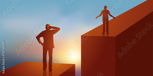 Concept de l’obstacle à franchir, avec deux hommes séparés par un gouffre, qui doivent trouver une solution pour se rejoindre.