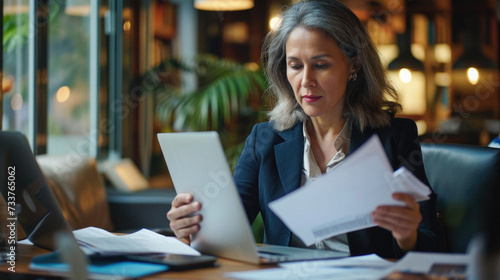 Mature businesswoman working with papers and tablet computer in cafe .