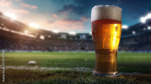 Glass of fresh, foamy and cold beer on football stadium background over evening sky with flashlights. Concept of sport, festival, competition, alcohol drinks, match. Copy space photo