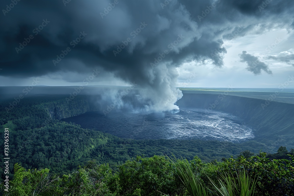A towering mountain emits a large plume of black smoke, accompanied by lava flows and dark clouds. A towering mountain emits a large plume of black smoke, accompanied by lava flows and dark clouds.