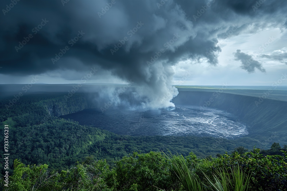 A towering mountain emits a large plume of black smoke, accompanied by lava flows and dark clouds.