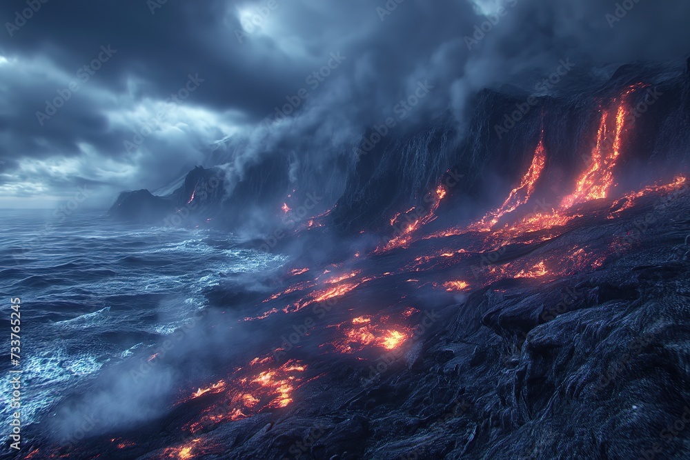 An impressive lava flow cascades into the ocean near a towering cliff.