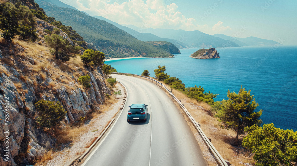 Car on the road on the background of the sea and mountains .