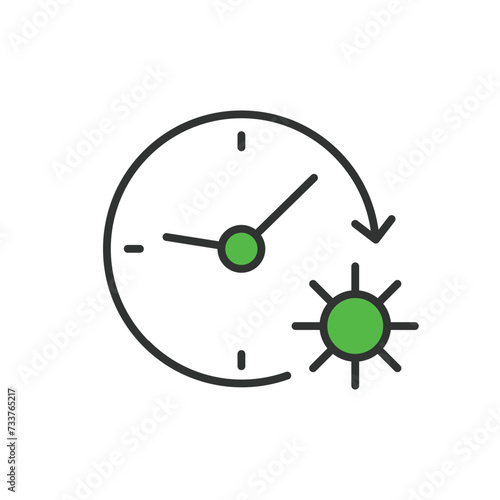 Sun times in line design green. Sun, times, solar, sunshine, sunlight, daylight, time, sunlight isolated on white background vector. Sun times editable stroke icon.