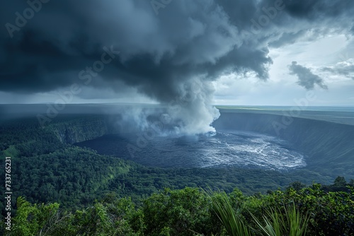 A towering mountain emits a large plume of black smoke, accompanied by lava flows and dark clouds. © Joaquin Corbalan