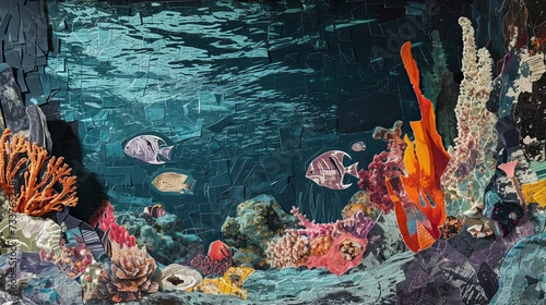 Underwater world. Trendy collage with torn paper.