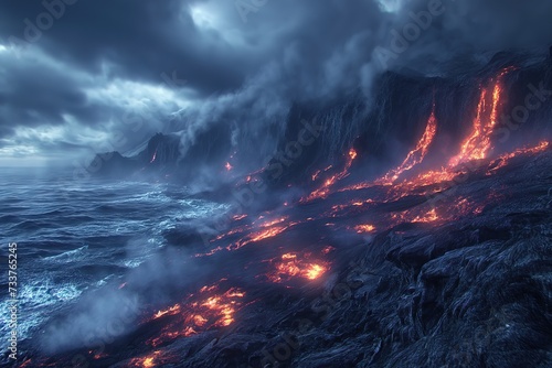 An impressive lava flow cascades into the ocean near a towering cliff.
