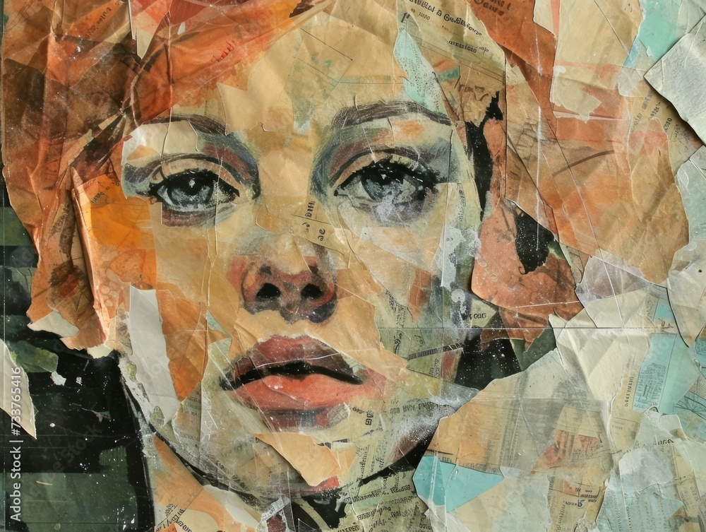 Portrait of beautiful girl. Trendy torn paper collage.