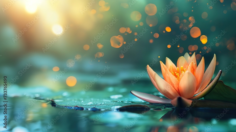 A water lily with a magical glow peacefully floats atop a body of cold blue-green water. A water lily with a magical glow peacefully floats atop a body of cold blue-green water.