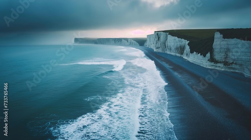 An aerial photograph capturing the majestic Seven Sisters Cliffs in southern England alongside the vast expanse of the ocean.