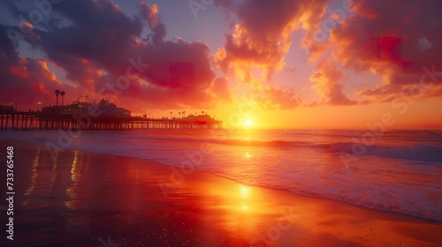 A stunning sunset casts a warm glow over the ocean as the silhouette of Santa Monica Pier stands in the background.
