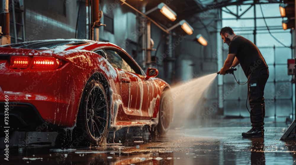 Car washing series : Worker washing red car with high pressure water jet - obrazy, fototapety, plakaty 