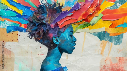 Portrait of beautiful girl with bright makeup and colorful hairstyle. Eclectic torn paper collage.