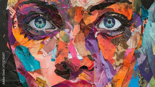 Colorful saturated portrait of cute girl. Fashionable ripped paper collage.