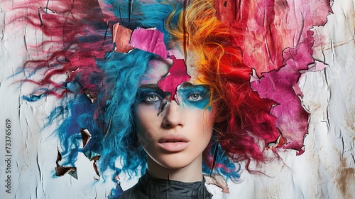 Portrait of beautiful girl with bright makeup and colorful hairstyle. Eclectic torn paper collage.