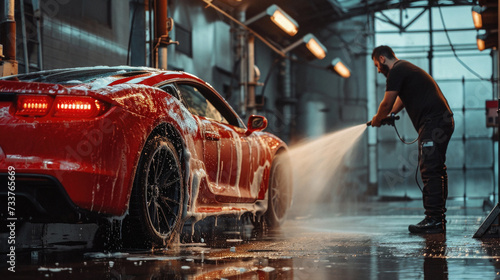 Car washing series : Worker washing red car with high pressure water jet