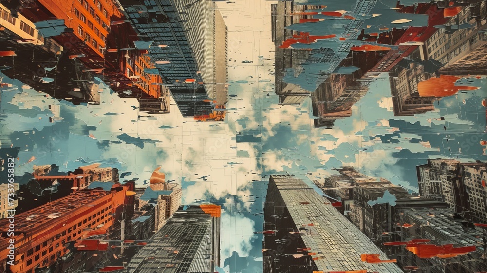 Fototapeta premium Megapolis view from below. Surreal collage with torn paper.