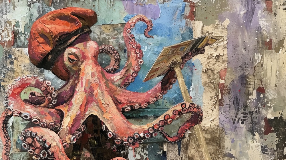 Octopus artist in beret. Trendy collage with ripped paper.
