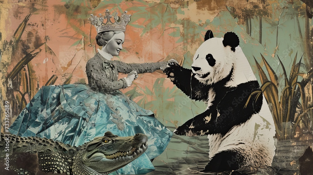 Panda dancing with princess in dress and tiara. Surreal ripped paper collage. Panda dancing with princess in dress and tiara. Surreal ripped paper collage.