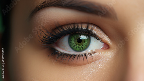 Close up shot of beautiful woman s green eye with long eyelashes
