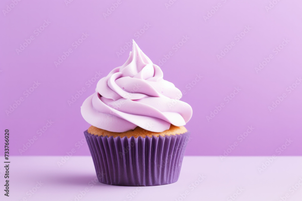 Cupcake With White Frosting on Purple Background Cupcake With White Frosting on Purple Background