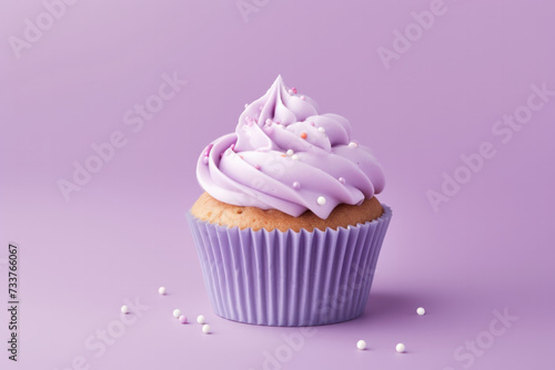 Cupcake With White Frosting on Purple Background