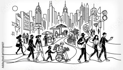 Line Art Stylized Black and White Illustration of Urban Street Life  featuring Pedestrians and Musicians against a Cityscape