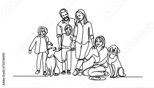 Line Art Simplified Line Drawing of a Happy Family with Two Dogs, Capturing a Moment of Togetherness and Love