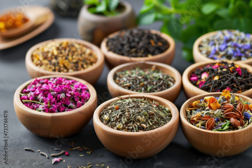 Group of Wooden Bowls Filled With Various Types of Flowers © reddish