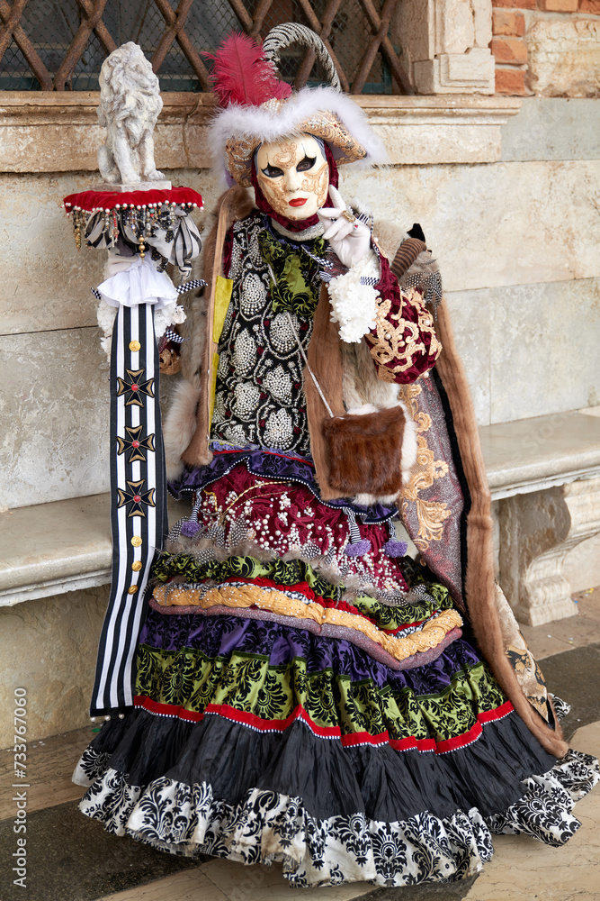 Venice, Italy - February 2024 - carnival masks are photographed with tourists in San Marco square Venice, Italy - February 2024 - carnival masks are photographed with tourists in San Marco square