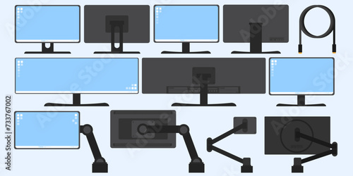 Monitor screen set, Ultra widescreen holder, Monitor screen handle, Desk mount, Front view and back view of monitor screen.