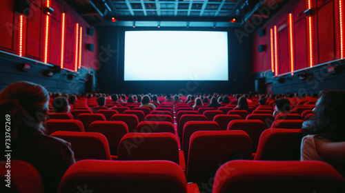 Cinema hall with rows of red seats and large screen .