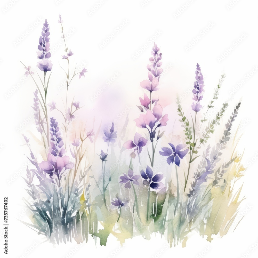 Soft watercolor illustration featuring a variety of delicate wildflowers, with a gentle wash of color suggesting a fresh, spring meadow.
