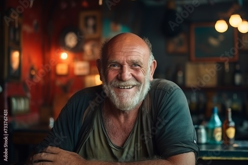 Portrait of a senior man sitting in a pub, smiling.