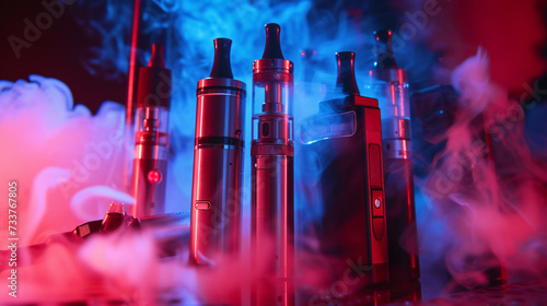 Synthetic nicotine concept. Various disposable electronic cigarettes. modern alternative smoking, vaping and nicotine