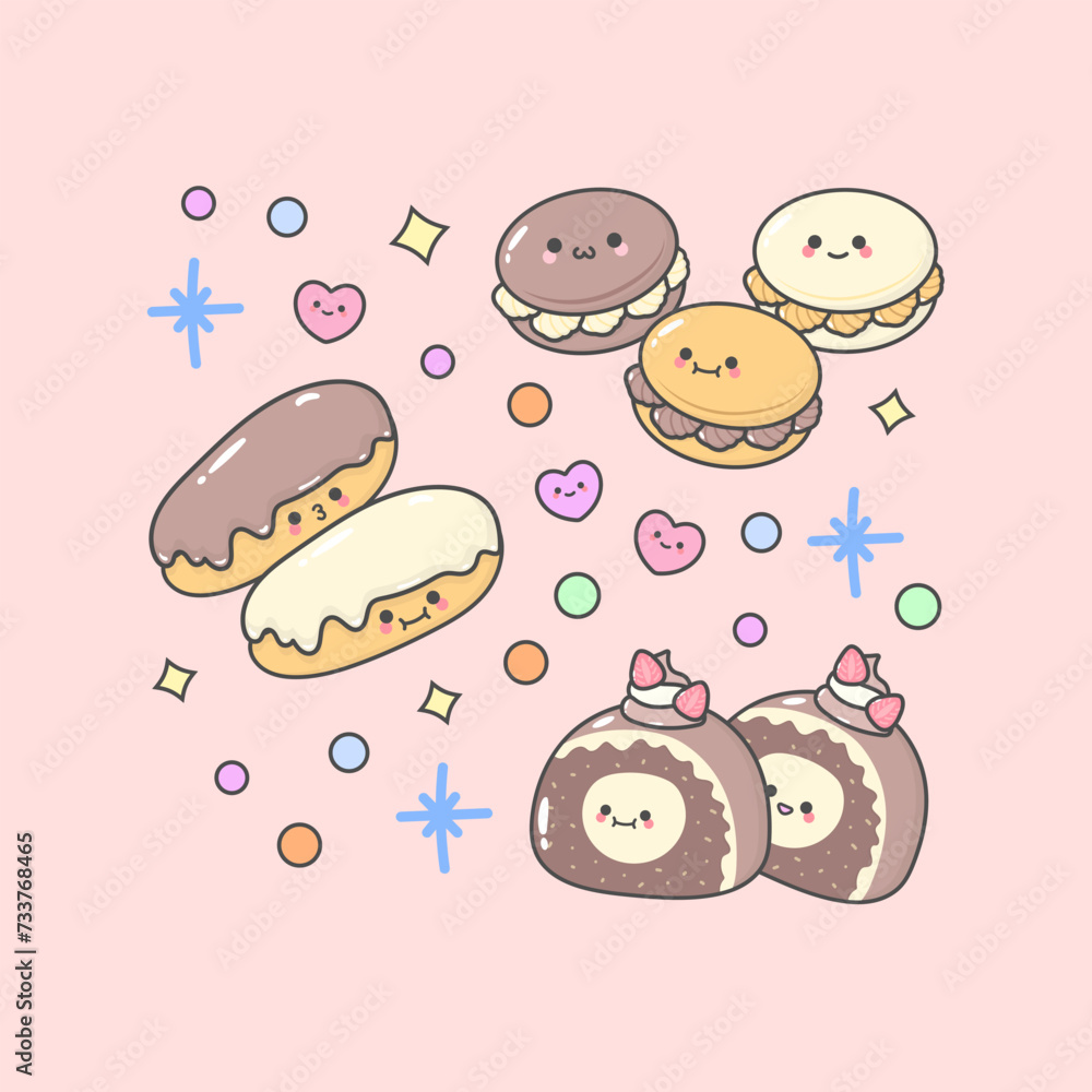 Fototapeta premium dessert cake pastry eclair roll cake macaroon with cute facial expressions and pastel colour