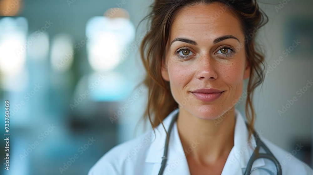 Portrait of a smiling female doctor with a stethoscope in a bright medical office setting. Portrait of a smiling female doctor with a stethoscope in a bright medical office setting.