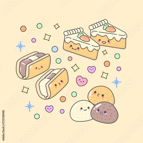 dessert cake pastry mochi sandwich carrot cake with cute facial expressions and pastel colour