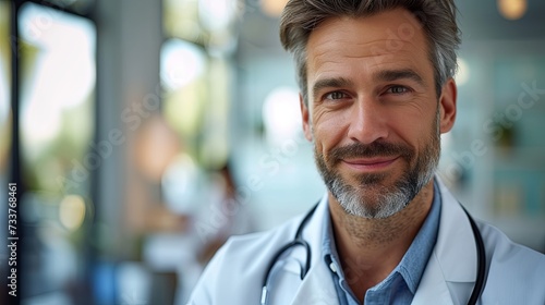 Portrait of a cheerful male doctor with a stethoscope in a well-lit, modern medical office setting.