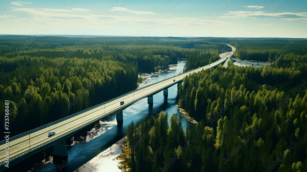 Obraz premium Aerial view of a bridge over a river in a forest