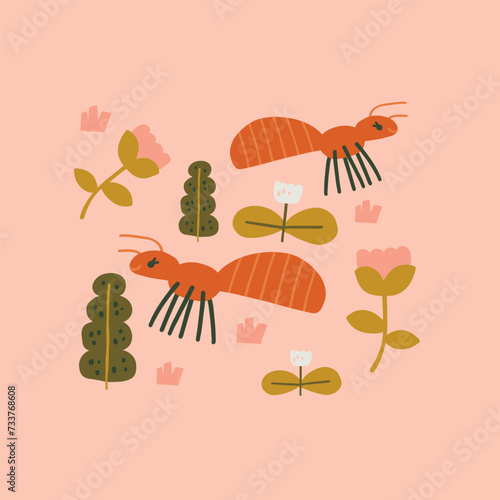 Vector illustration with an ant and flowers in a modern style. Perfect for decor and children s textiles
