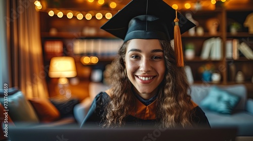 A dedicated graduate student in cap and gown engages with a laptop, possibly participating in a virtual graduation ceremony or furthering her education. photo
